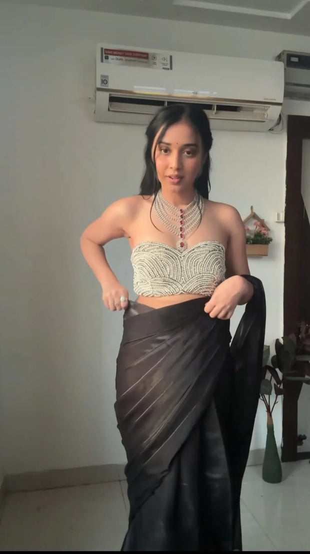 Black Color Ready To Wear Saree With Amazing Blouse