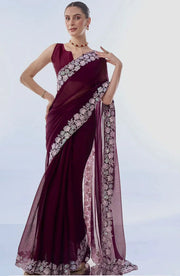 Luxuriant Thread Work Border Wine Color Saree