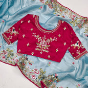 Captivating Embroidery Multi Treads Sky Color Saree