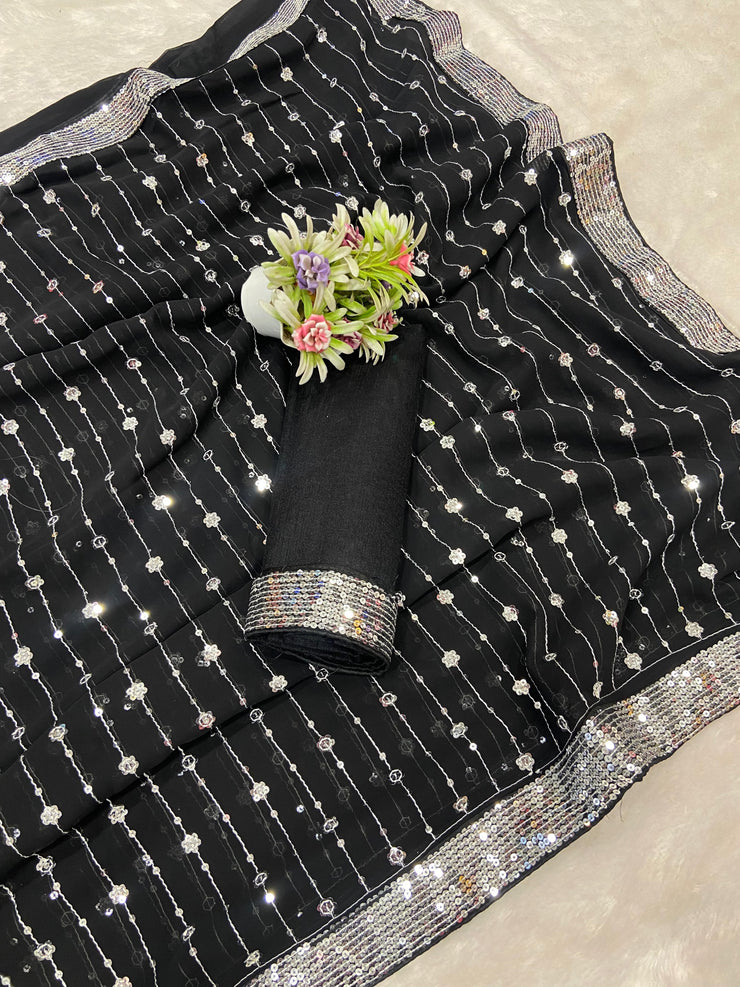 Mesmerizing Sequence Work Black Color Saree