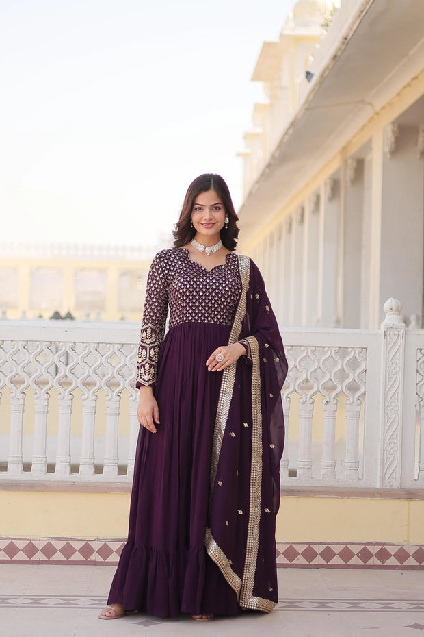 Embellished Embroidered Work Wine Color Gown