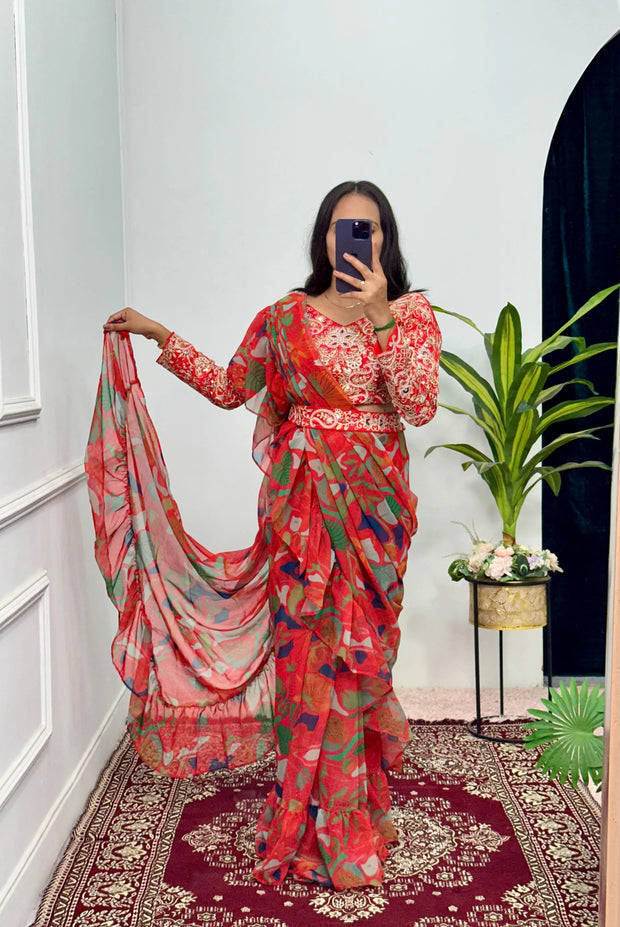 Precious Digital Print With Ruffle Style Saree