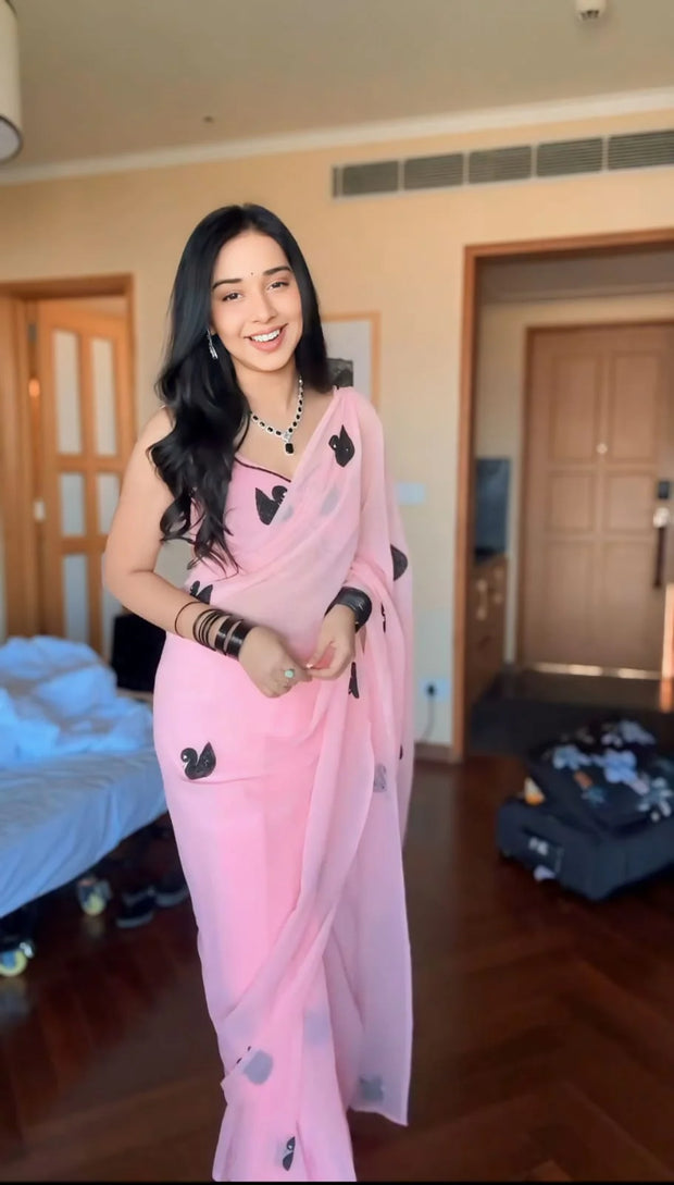 Embellished Embroidery Pink Color Ready To Wear Saree