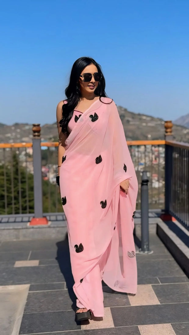Embellished Embroidery Pink Color Ready To Wear Saree