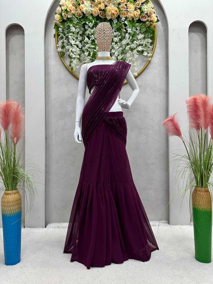 Mesmerizing Thread With Sequence Work Wine Color Saree