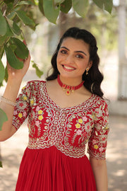 Outstanding Sequence Emrodery Work Red Color Gown