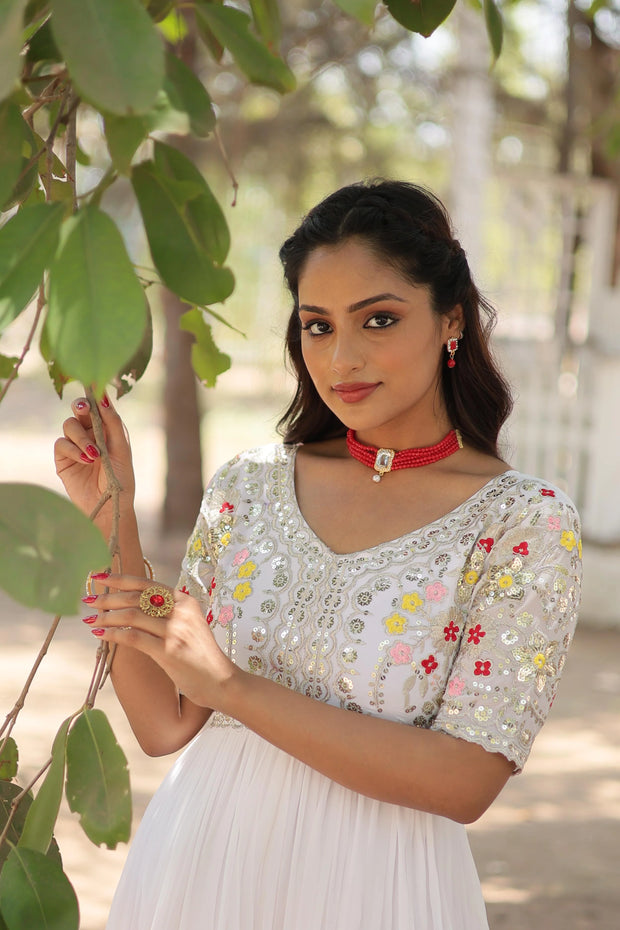 Outstanding Sequence Emrodery Work White Color Gow
