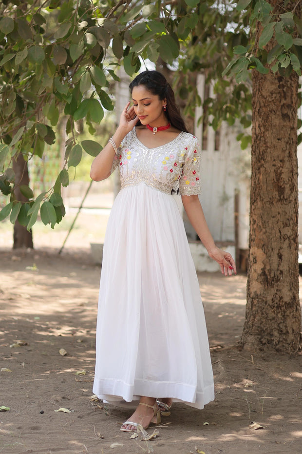 Outstanding Sequence Emrodery Work White Color Gow