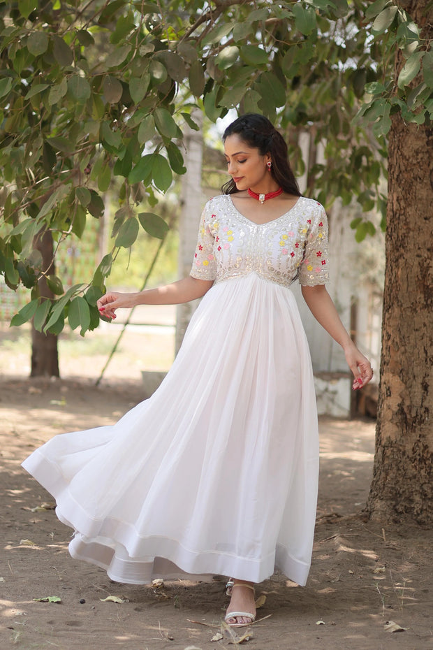 Outstanding Sequence Emrodery Work White Color Gow