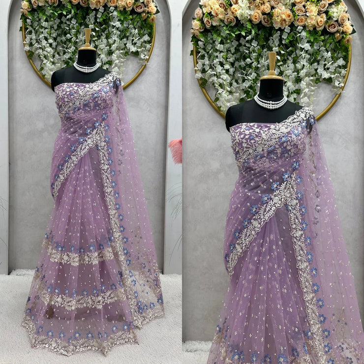 Exclusive Lavender Color Pearl Work Net Saree