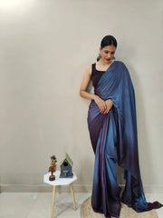1-Min Ready To Wear Deep Sea Imported Silk Saree With Blouse