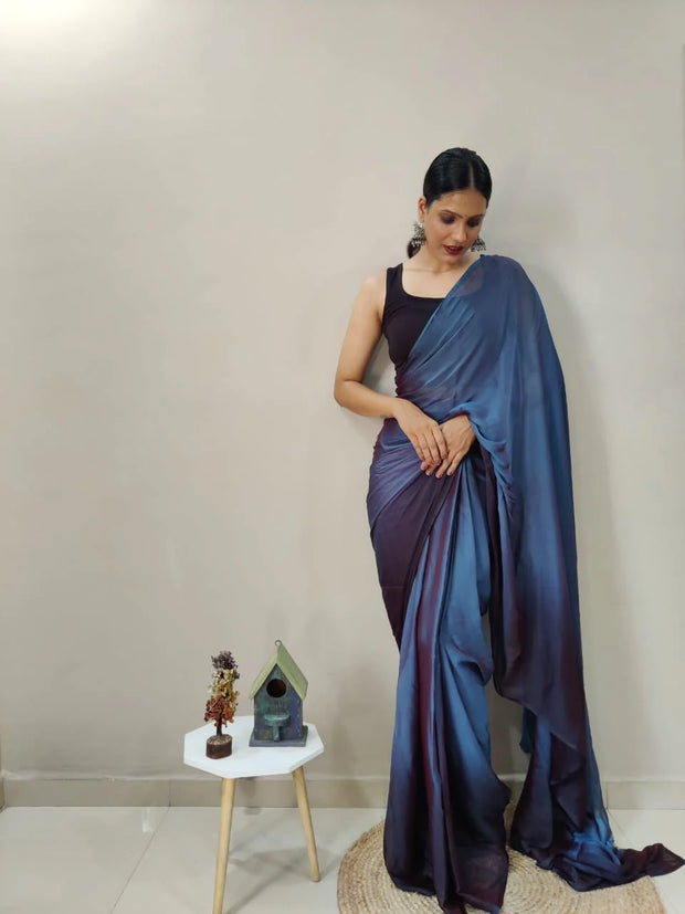 1-Min Ready To Wear Deep Sea Imported Silk Saree With Blouse