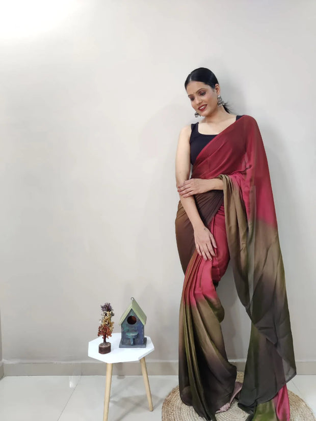 1-Min Ready To Wear Dark Coffee Imported Silk Saree With Blouse