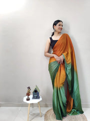 1-Min Ready To Wear Green Imported Silk Saree With Blouse