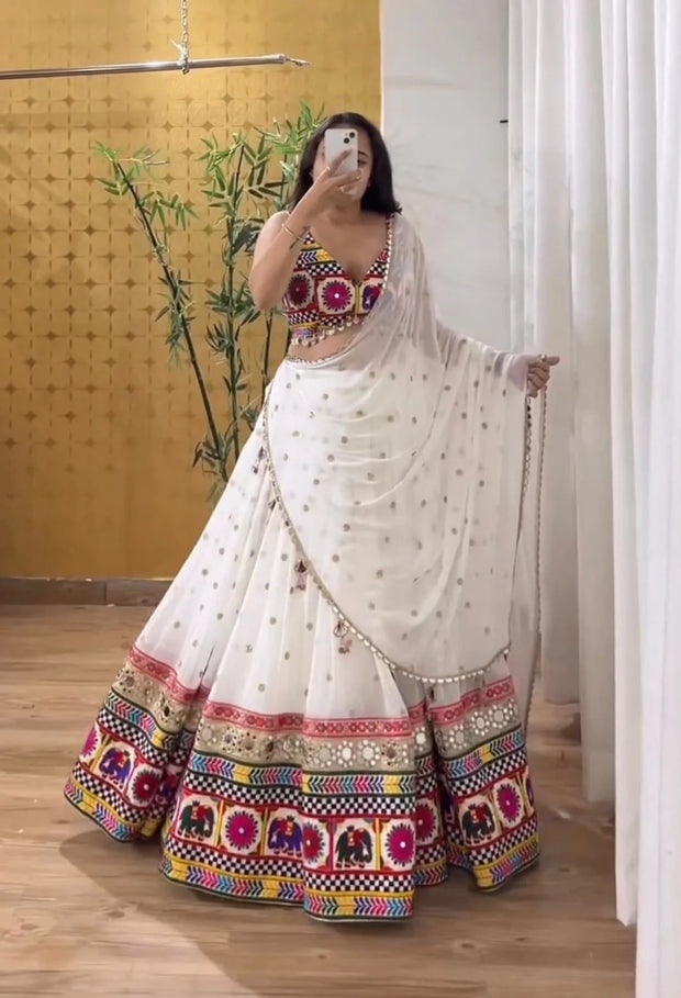 -38%    White Color Chain Stitch WIth Mirror Work Navratri Lehenga Choli