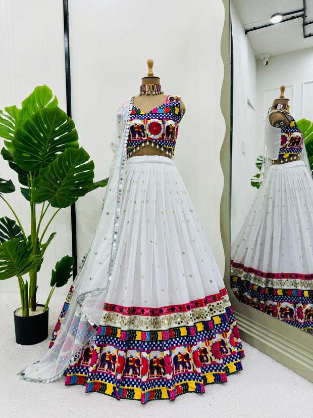 -38%    White Color Chain Stitch WIth Mirror Work Navratri Lehenga Choli