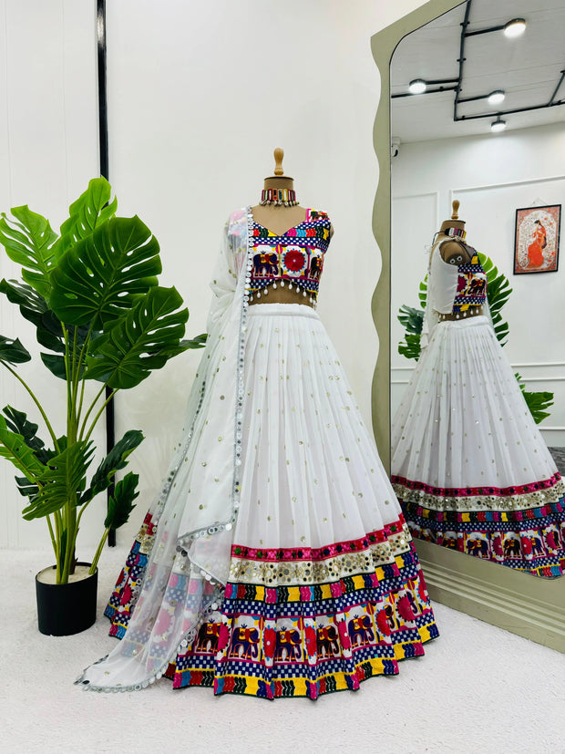-38%    White Color Chain Stitch WIth Mirror Work Navratri Lehenga Choli