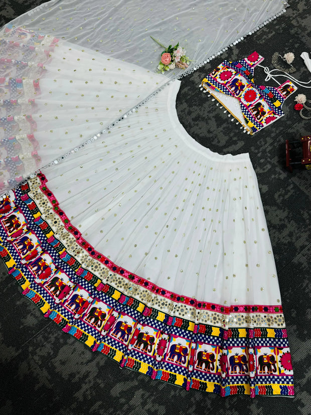 -38%    White Color Chain Stitch WIth Mirror Work Navratri Lehenga Choli