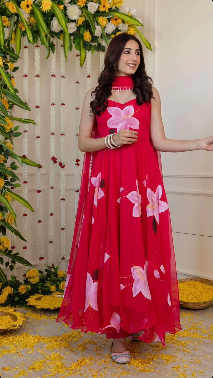Stunning Classic Red Color Wear Digital Printed Organza Gown
