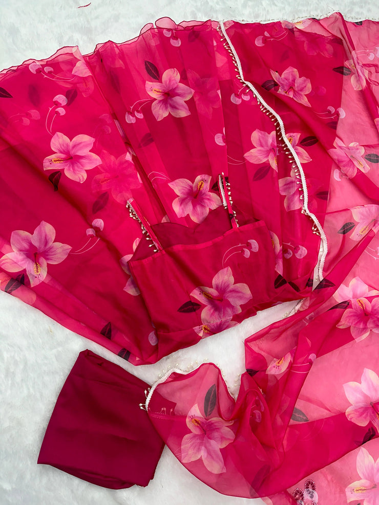 Stunning Classic Red Color Wear Digital Printed Organza Gown
