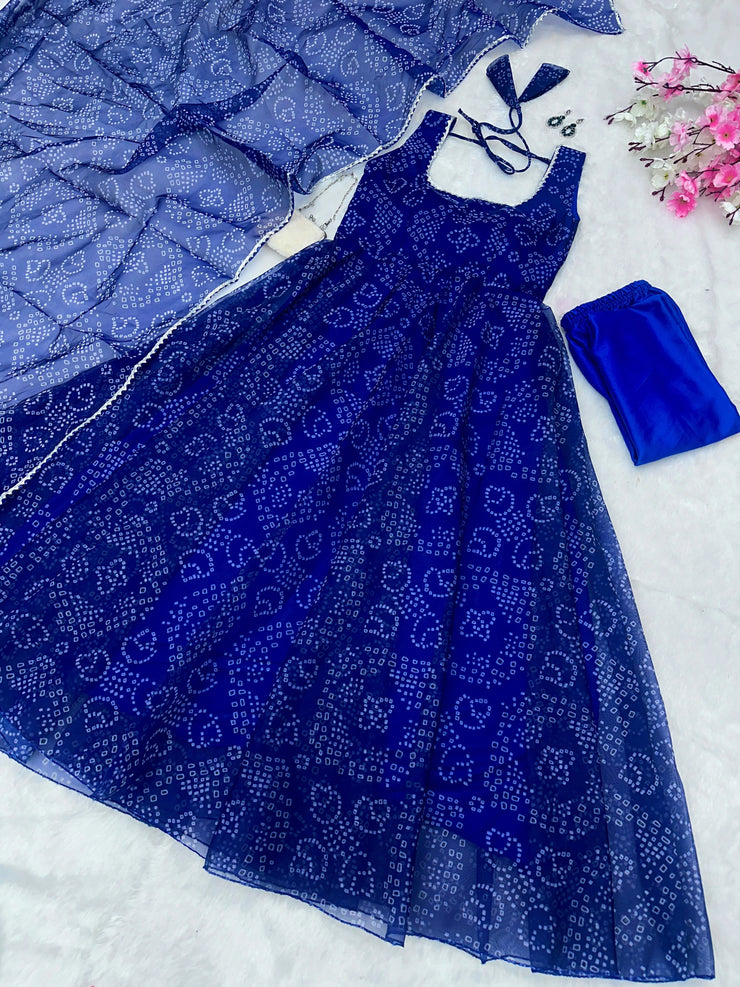 Stunning Classic Blue Color Wear Digital Printed Organza Gown