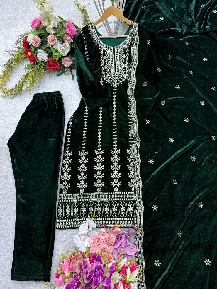 Beautiful Green Color Velvet 5mm Sequence Work Salwar Suit