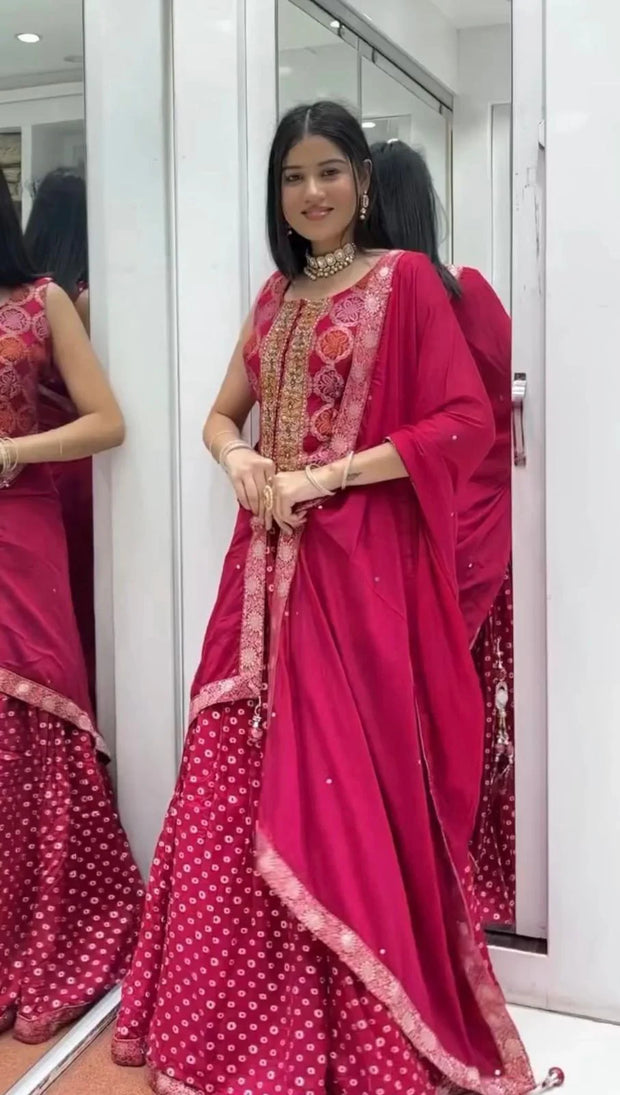 Pretty Red Chinon Embroidery Work Lehenga Choli