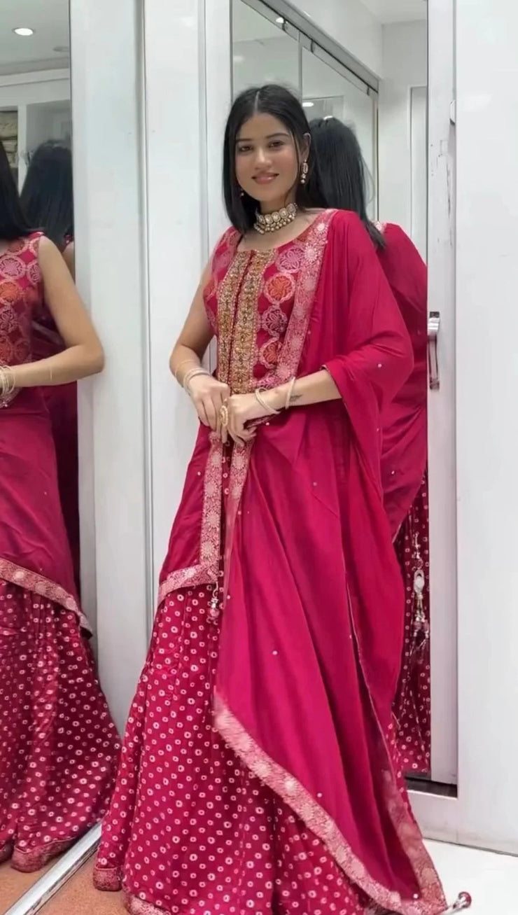 Pretty Red Chinon Embroidery Work Lehenga Choli