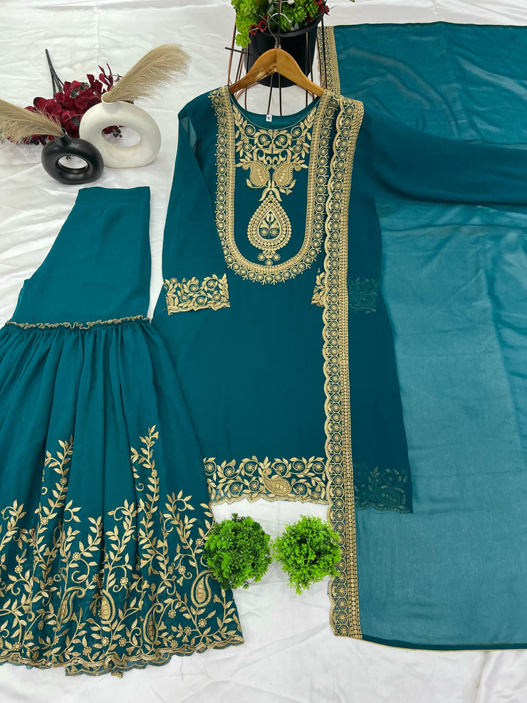 Blissful Teal Blue Color Sequence Thread Work Sharara Suit