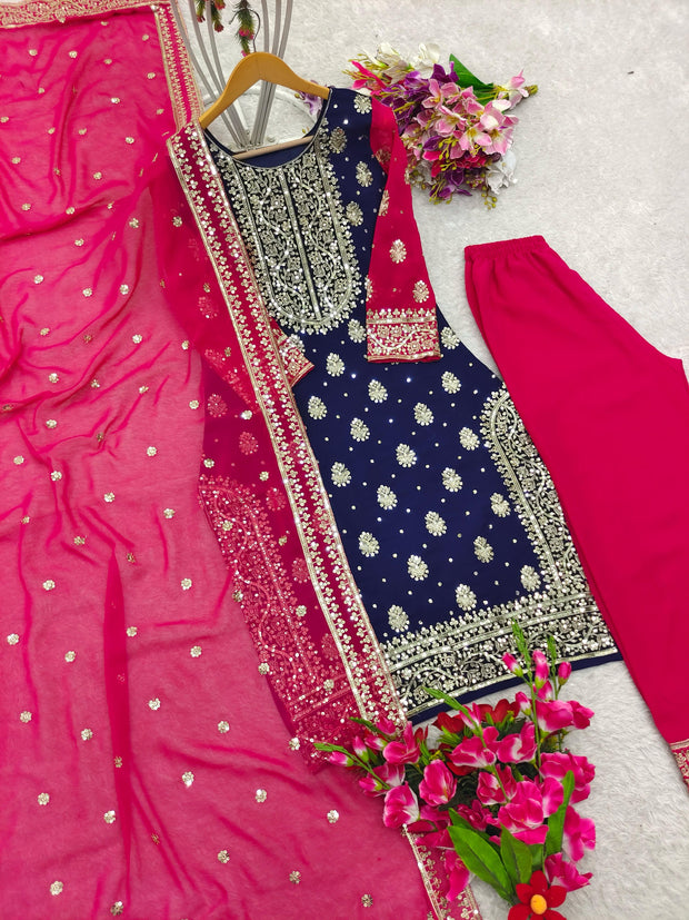 -50%    Navy Blue Color Heavy Embroidery Work Palazzo Suit