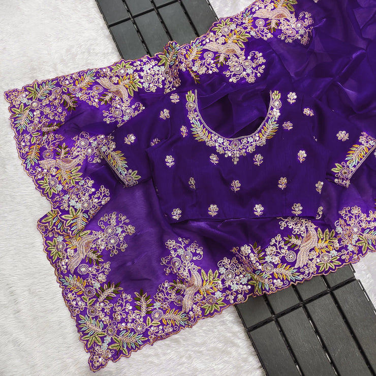 Traditional Wear Embroidery Work Purple Color Saree