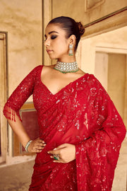 Daisy Georgette Red Color Embroidery Work Saree