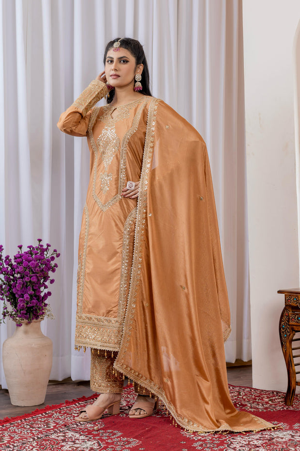 Imposing Chinon Silk Beige Color Top With Plazzo