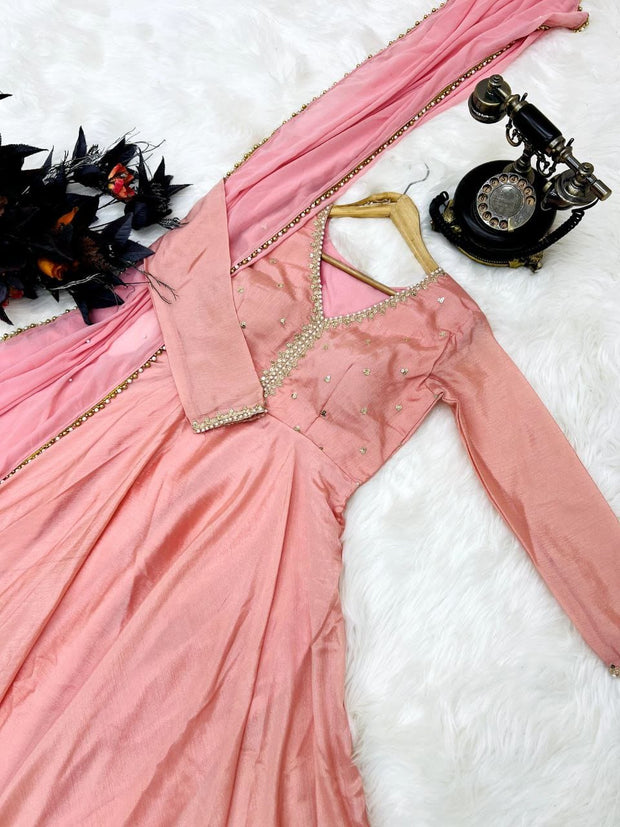 Stunning Embroidery Sequence Work Pink Color Gown