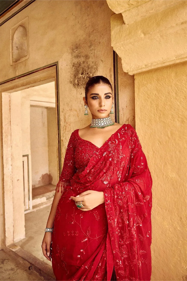 Daisy Georgette Red Color Embroidery Work Saree