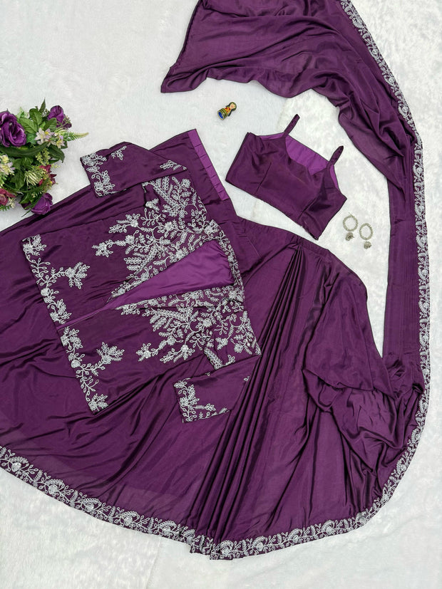 Designer Wine Color Embroidery Work Saree With Koti