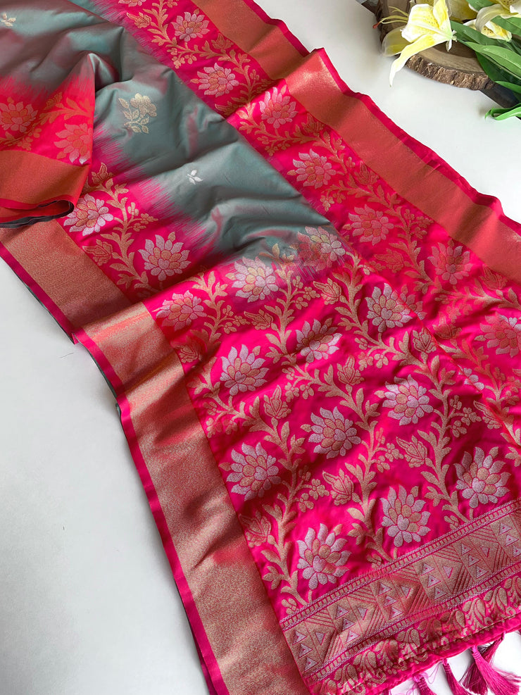 Fantastic Tone Silk Grey & Pink Color Saree