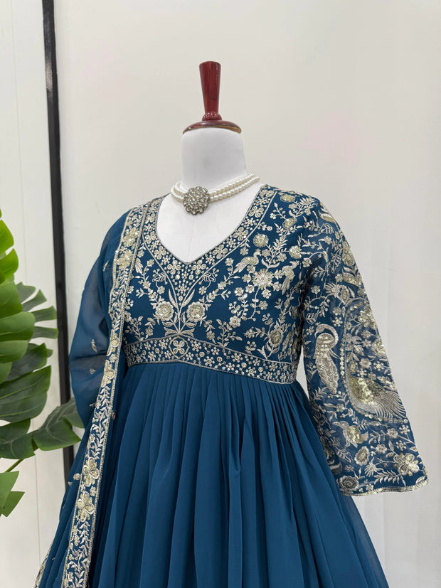 Flattering Heavy Work Navy Blue Color Gown