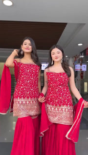 Delightful Heavy Work RED Color Sharara Suit