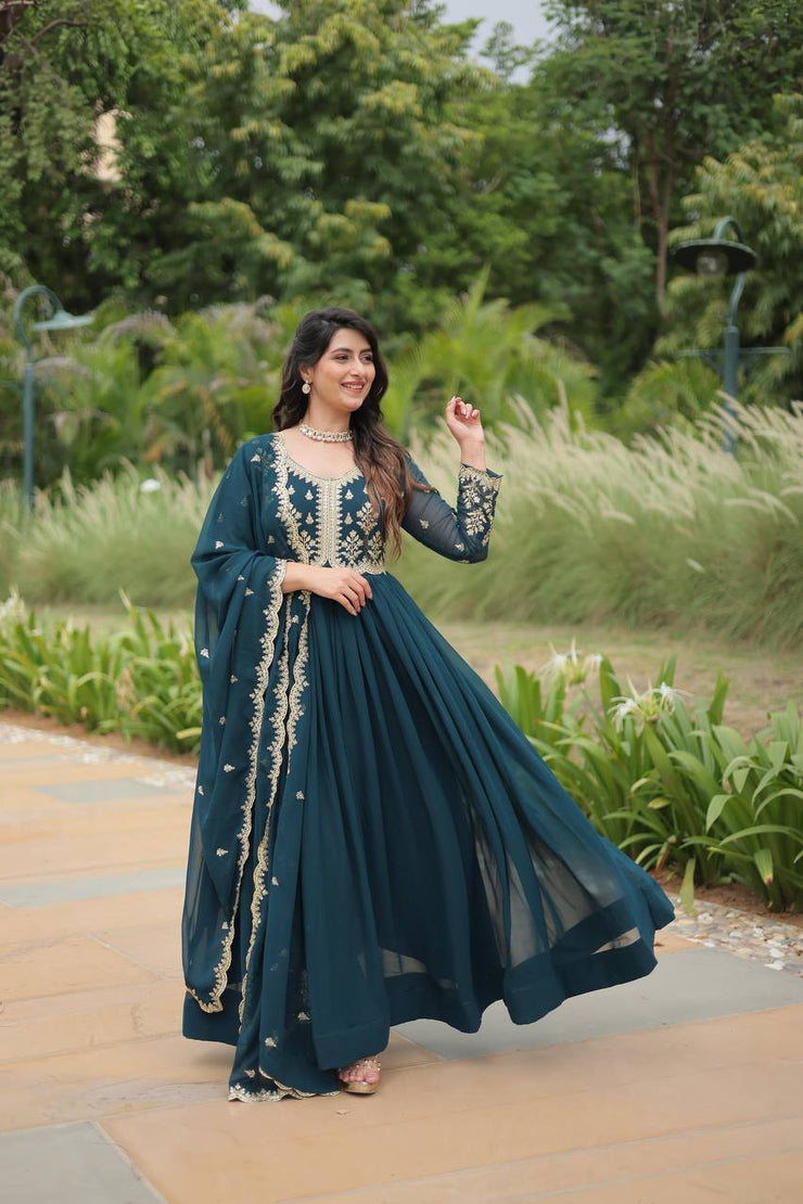 Shining Sequin Work Aqua Blue Color Long Gown