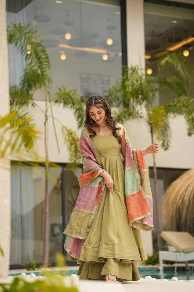 Classic Green Color Chinnon Silk Long Anarkali Suit