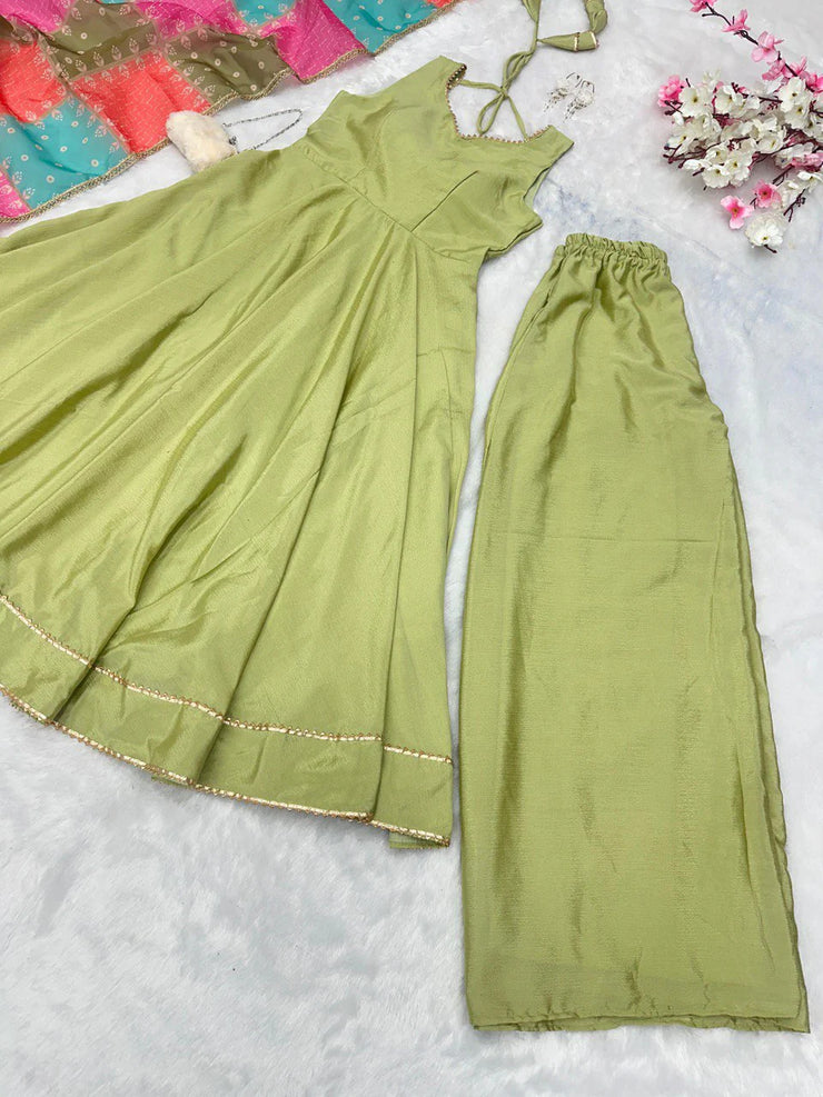 Classic Green Color Chinnon Silk Long Anarkali Suit
