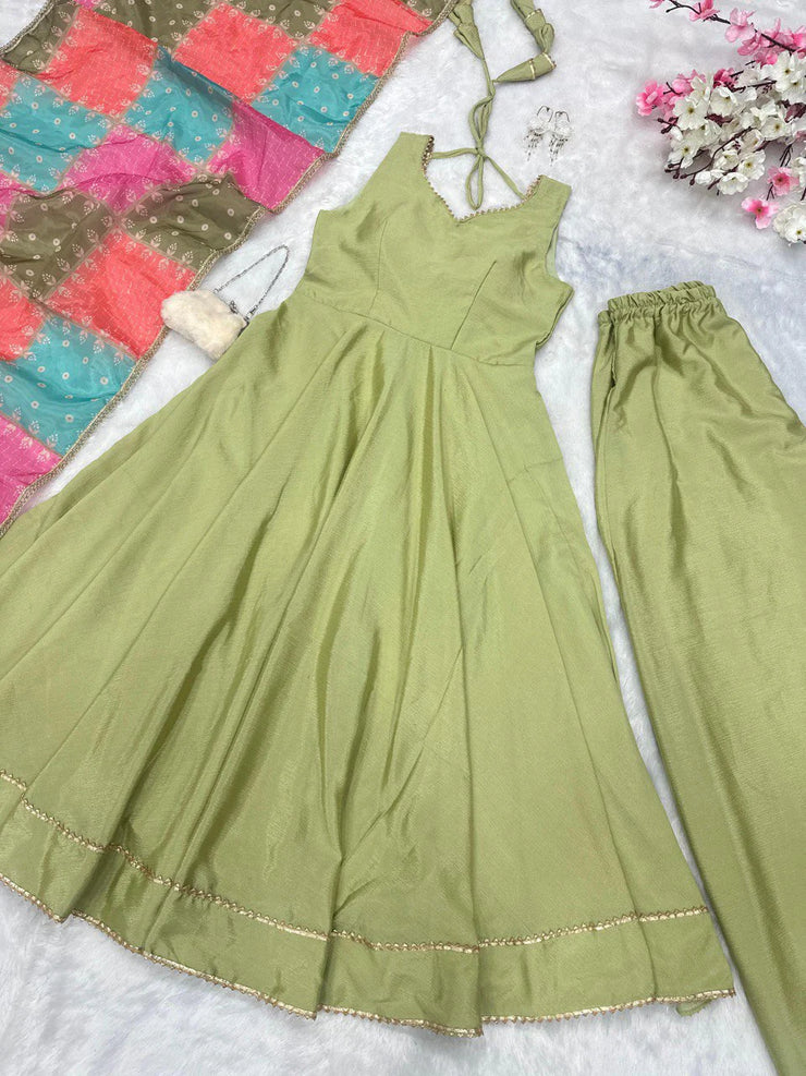 Classic Green Color Chinnon Silk Long Anarkali Suit