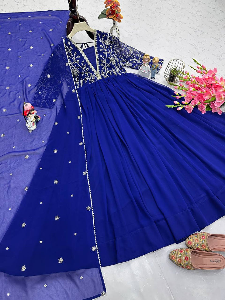 Preferable Embroidery Sequins & Codding Work Blue Color Gown with Dupatta
