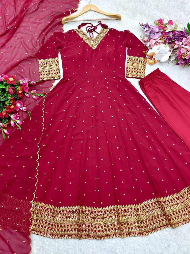 Outstanding Sequence Work Red Color Gown With Dupatta