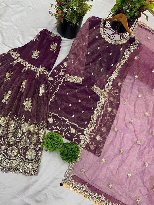 Peaceful Heavy Embroidery Work Purple Color Sharara Suit