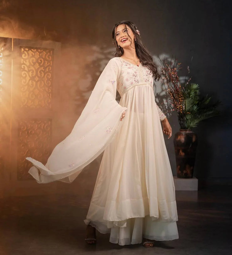 Sequence Work White Color Gown With Palazzo