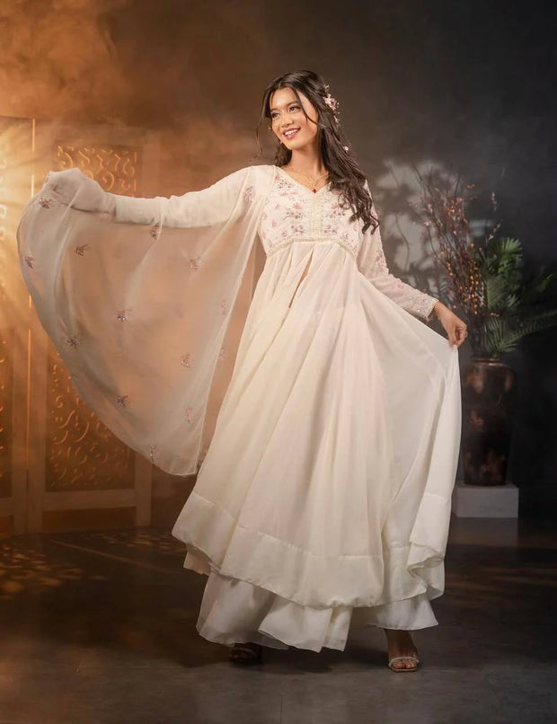 Sequence Work White Color Gown With Palazzo
