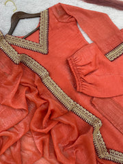Amazing Soft Gold Crush Silk Orange Color Palazo Suit