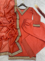 Amazing Soft Gold Crush Silk Orange Color Palazo Suit